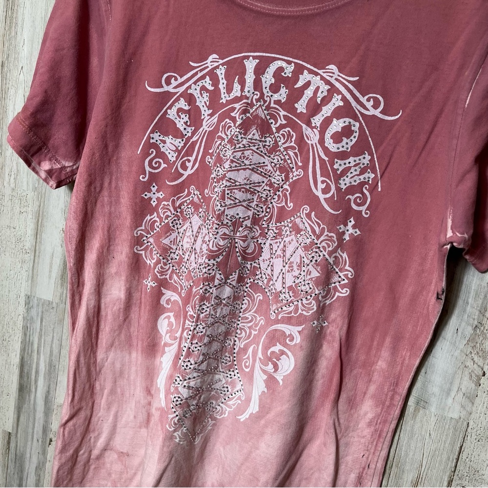 Y2K Affliction Pink White Rhinestone Grunge Painted Thrashed Womens Medium - Picture 2 of 7